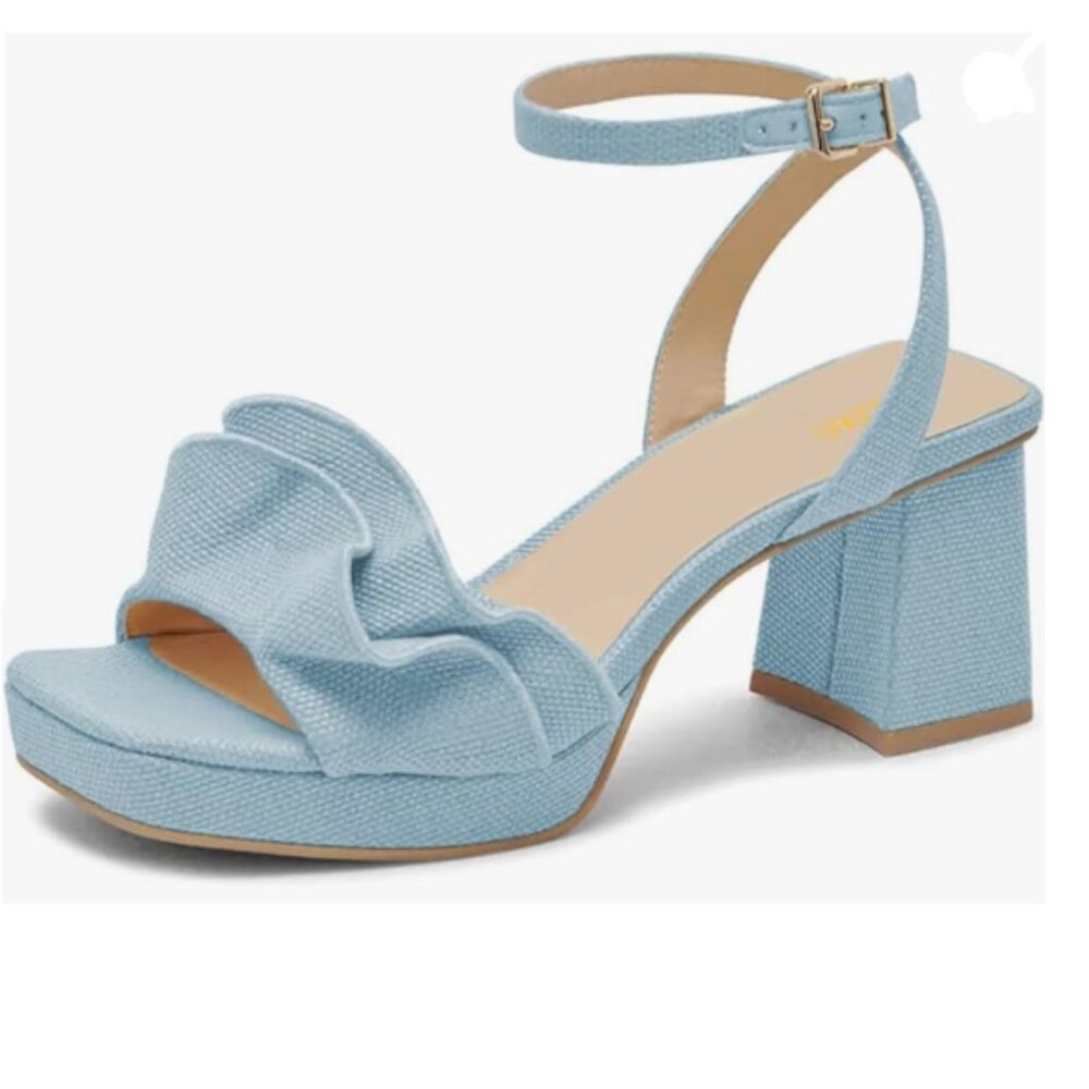 Pazzion Light Blue Platform Square Toe Pleated Ruffle Block High Heel Sandal